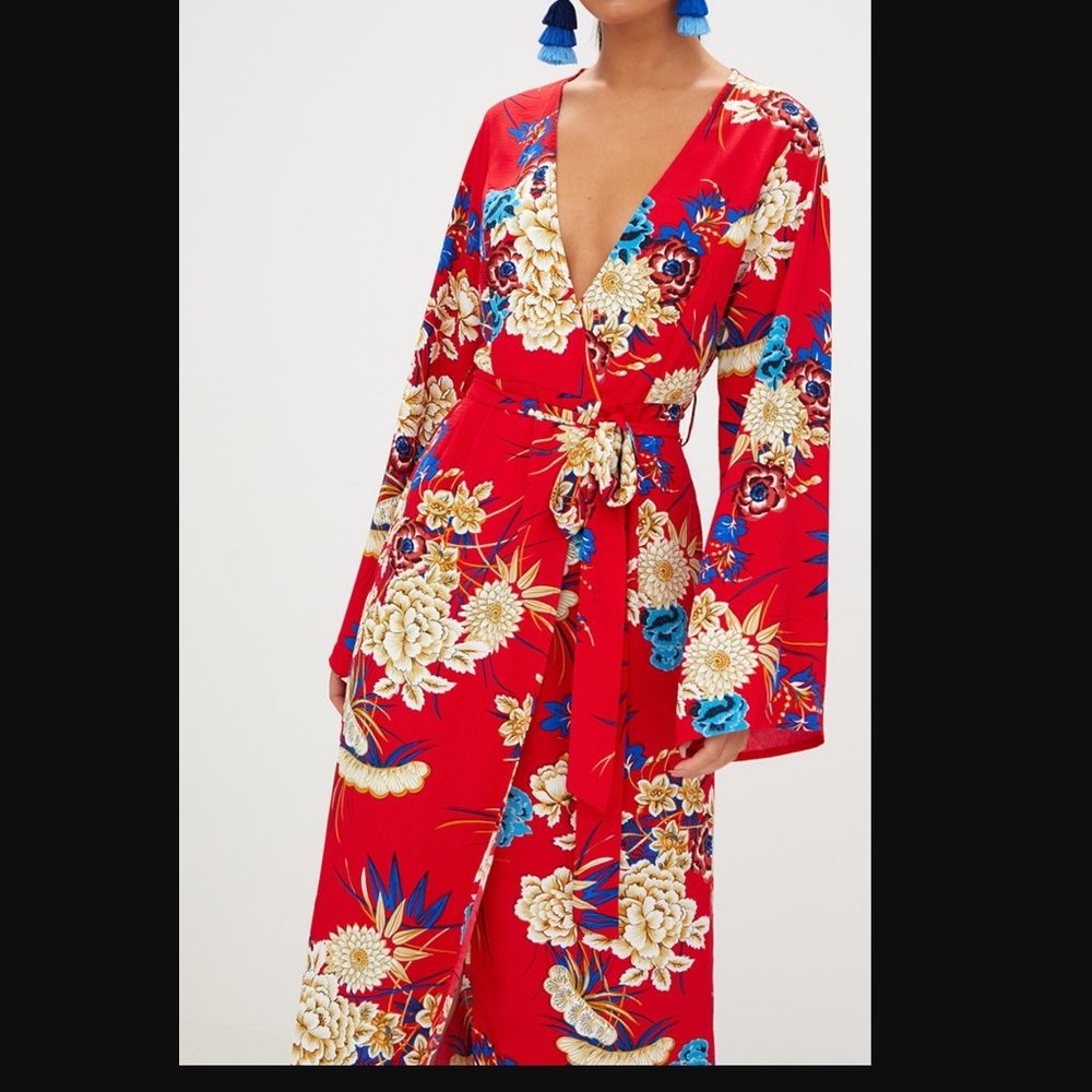 NWT Pretty Little Thing Red Floral Print Kimono Maxi Dress - Picture 2 of 16
